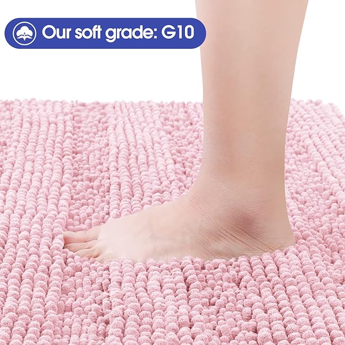 ACCUMTEK Striped Pink Toilet Bathroom Rug Mat Set 2 Piece Rug Ultra Soft, Non Slip Chenille Bath Rugs, Absorbent Plush Shaggy Bath Mats for Bathroom, Bedroom, Kitchen, Shower, Tub