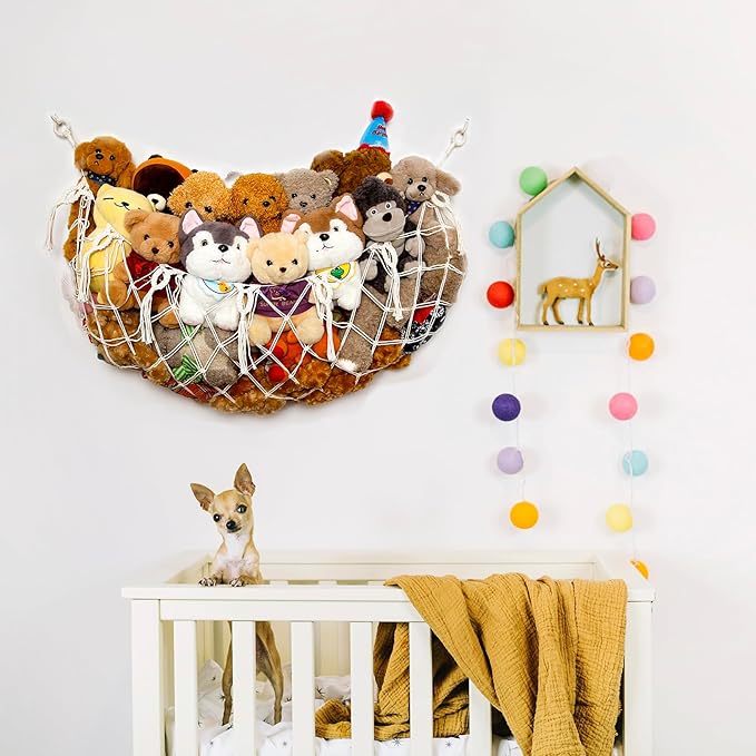 Stuffed Animal Soarage Hammock Macrame Toy Diaplay Plush Toy Holder Ceiling Hanging Net for Stuffed Animal Storage (Cream, Small)