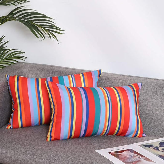 Eternal Beauty Set of 2 Outdoor Decorative Pillow Covers Waterproof Outdoor Pillow Covers for Spring Summer Patio Lumbar Pillows, Red Stripe, 12X20 inches