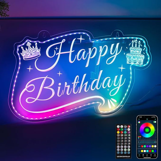 Happy Birthday LED Neon Sign for Backdrop Birthday Party Decoration, RGB Colorful Dimmable Light Up Signs, Art Decoration Happy Birthday Neon Sign for Wall Decor(RGB Color, 16x11 Inch)