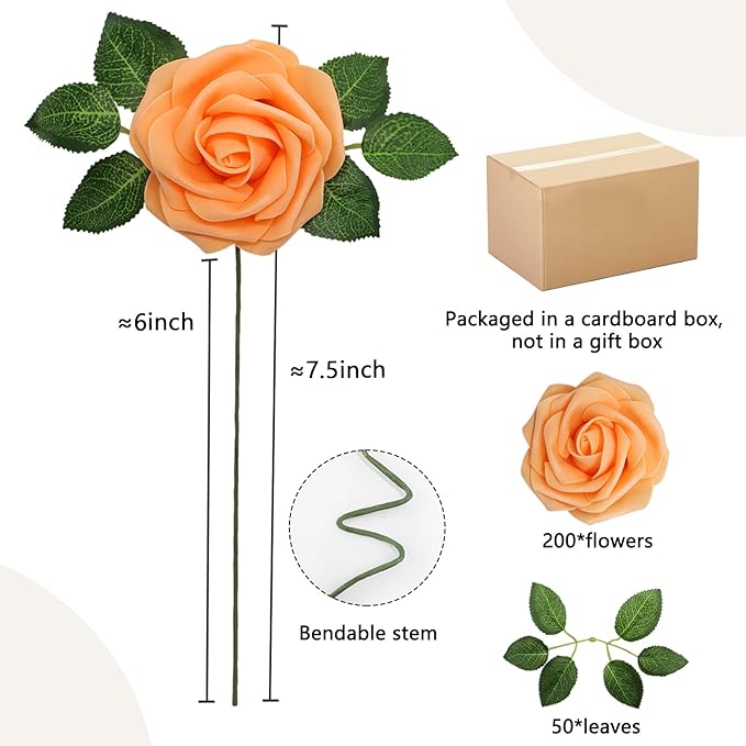 200PCS Orange Artificial Flowers Roses Real Looking Foam Fake Roses with Leaves for DIY Wedding Bouquets Bridal Shower Party Decorations (Orange, 200)