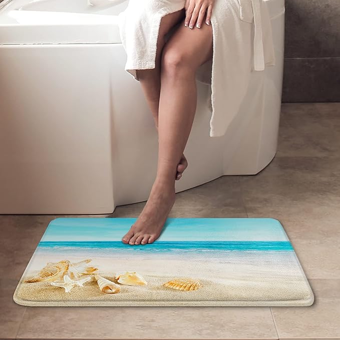 Britimes Bath Mat for Bathroom, Blue Beach Starfish Sea Washable Cover Floor Rug Carpets Floor Mat Bathroom Decorations 16x24 Inches for Kitchen Bedroom Indoor