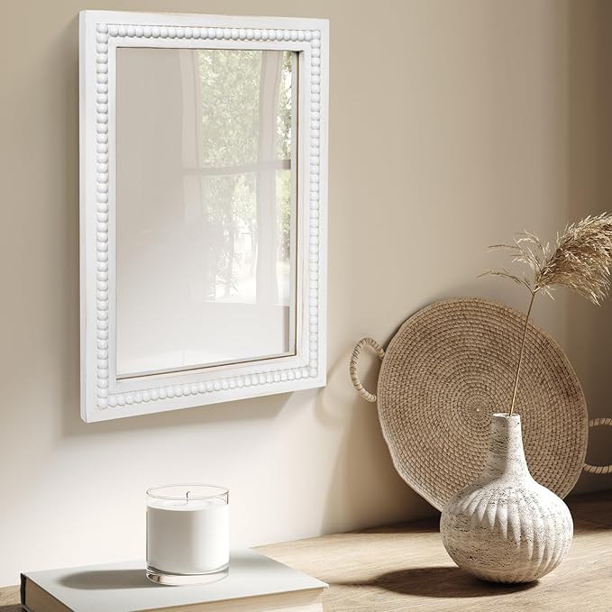 White Wood Beaded Frame Wall Mount Mirror, 12 x 16 Inches Modern Farmhouse Real Glass Horizontal/Vertical Hanging Mirror for Bathroom, Living Room, Entryway