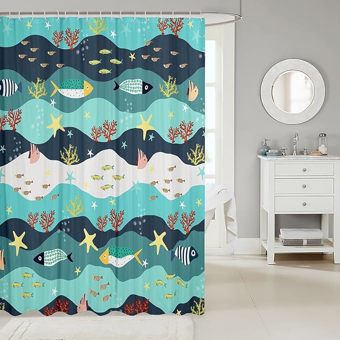 Feelyou Cartoon Fish Shower Curtain 72"x72" Kids Marine Life Sea Bathroom Shower Curtain Set for Boys Girls Teens Ocean Marine Themed Bath Curtain Summer Sea Starfish Bathroom Accessories