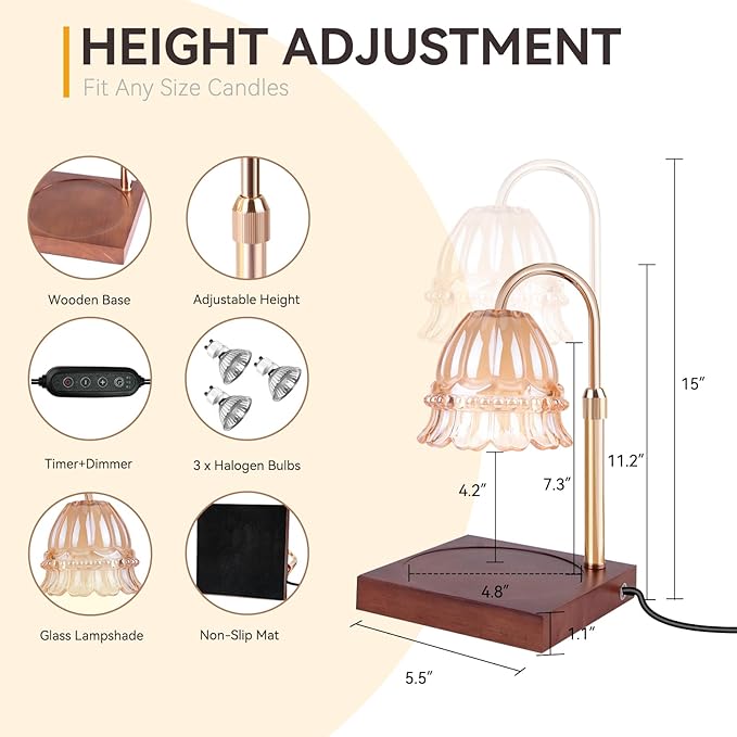 Candle Warmer Lamp with 3 Bulbs, Adjustable Height Dimmable Candle Warmer with Timer, Compatible with Large Jar Candles, Flower Candle Warmer with Charming Gift Box Ribbon(Light Brown)