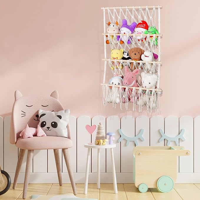 3 Tiers Plush Toy Organizer Hammock with Tassels, Stuffed Animals Net for Room Decor, Plushie Net Toy Hammock, Over the Door Organizer, Storage and Organization for Kid's, 3 Layers