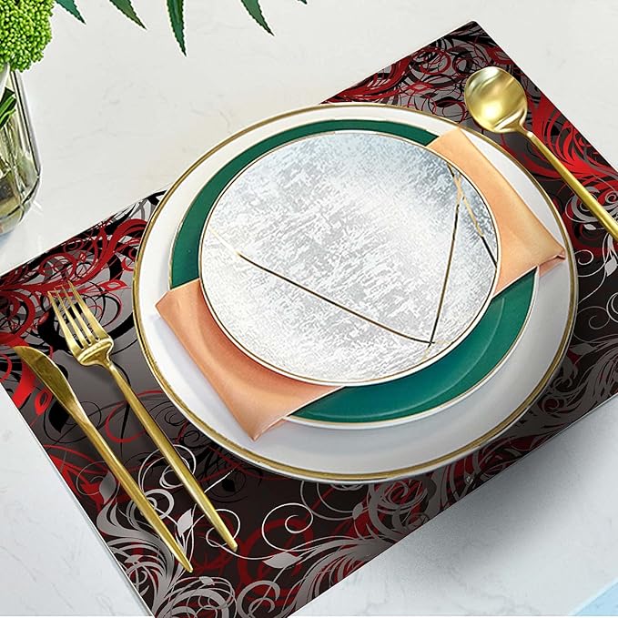 Mcalk Table Runner and Placemats Set of 6 Pieces,Mystic Gray Leaf Placemat,Cloth Place Mats Red Indoor for Kitchen,Washable Placemats Floral Print Linen Material for Dining Table