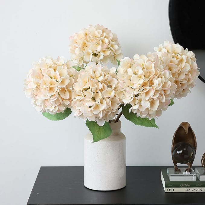 mizii 4Pcs Beige Artificial Hydrangea Flowers Large Fake Silk Hydrangea Flower with Leaves Stems Realistic Faux Hydrangeas Decorations for Wedding Table Centerpieces Vase Home Decor (Beige)