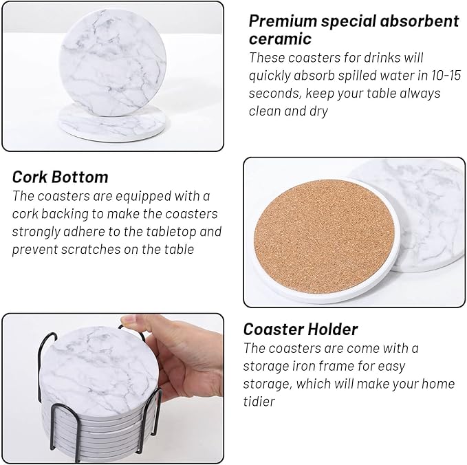 Billbotk 9 Pieces Ceramic Coasters for Drinks with Holder, Absorbent Drink Coasters for Coffee Table, Marble Style Coasters Wooden Table, Suitable for Kinds of Cups, 4 Inches