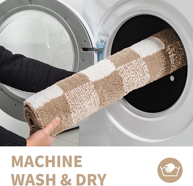 CozeCube Checkered Bath mats for Bathroom Non Slip, Plush Shaggy Bath Rugs for Bathroom Washable, Buffalo Plaid Bath mat, Beige, 47" x 24"