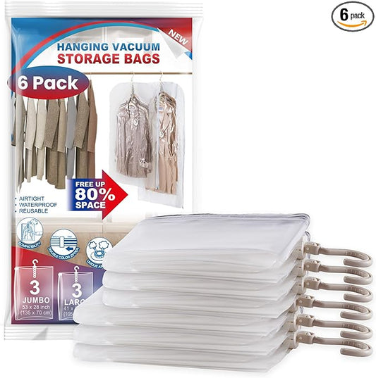 Hanging Vacuum Storage Bags, 6 Pack Large Hanging Space Saver Bags, Vacuum Sealed for Clothes Suits Dress Jackets for Moving Supplies(3 Long, 3 Short)