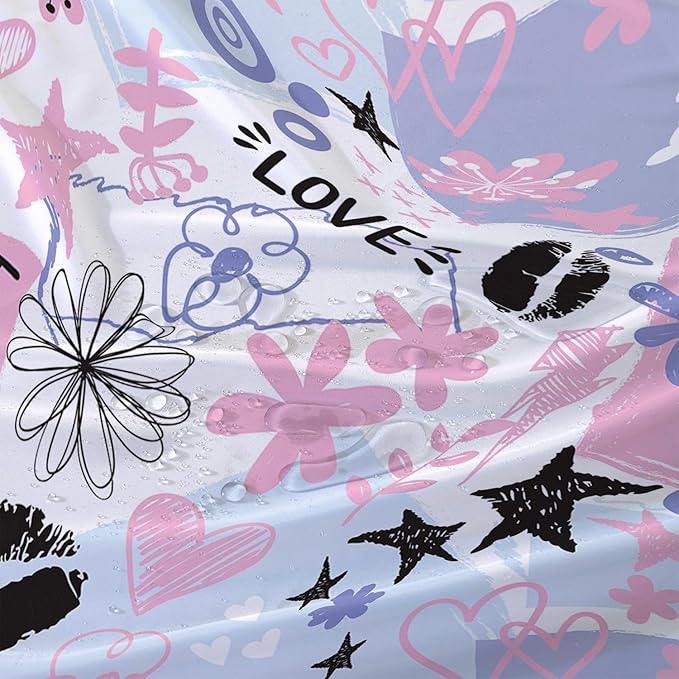 AILONEN Love Lipstick Shower Curtain,Stars with Flowers Theme Waterproof Fabric Shower Curtain Set for Girls Boys Kids Teens, 48" W*72" H Purple Graffiti Shower Curtain Set