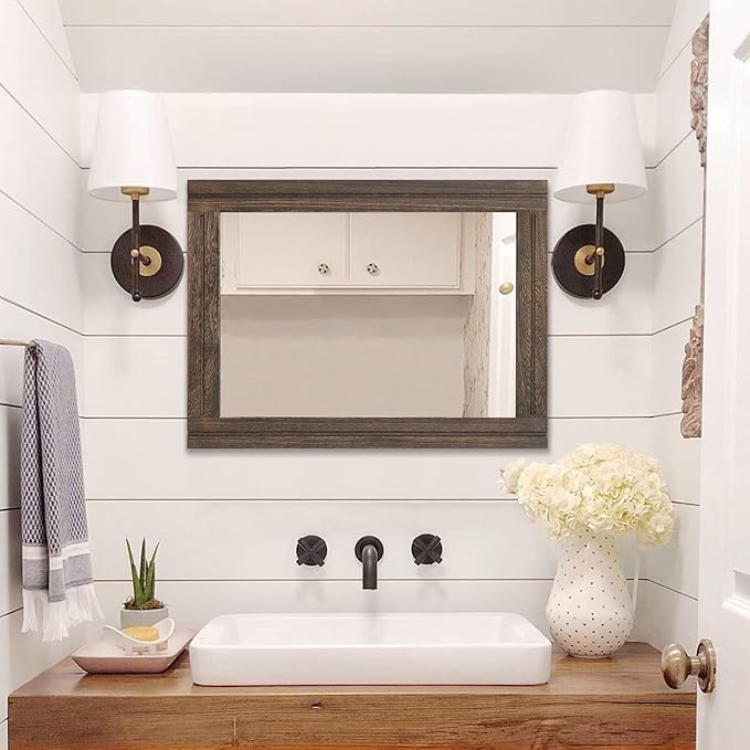 AAZZKANG Rustic Wood Mirror Rectangle Decorative Wall Hanging Mirrors with Frame Large 26"x18" for Bedroom Living Room Bathroom Home Entryway