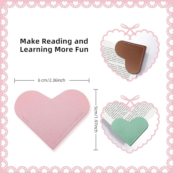24Pcs Leather Heart Bookmarks,Cute Corner Page Book Marks,Book Accessories for Kids Women Book Lovers Teachers,Handmade Reading Gifts