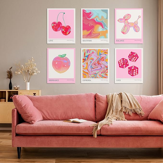 Habseligkeit Pink Cherry Wall Art Prints, Cute Wall Decors for Room Aesthtic, Posters for Girls Bedroom Decor Aesthetic Unframed, 11X14in, Set of 6