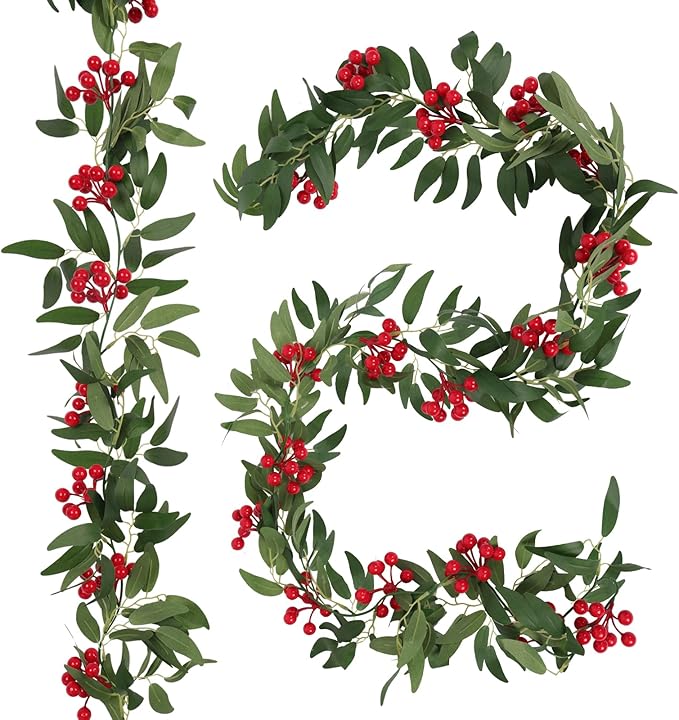 Artificial Hanging Willow Vines with Red Berry Christmas Garland 2Pcs-6FT Faux Hanging Willow Leaf Ivy Red Berries Greenery Rattan Christmas Wedding Party Wall Mantel Home Winter Indoor Outdoor Decor
