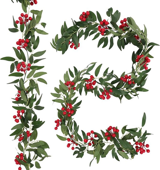 Artificial Hanging Willow Vines with Red Berry Christmas Garland 2Pcs-6FT Faux Hanging Willow Leaf Ivy Red Berries Greenery Rattan Christmas Wedding Party Wall Mantel Home Winter Indoor Outdoor Decor