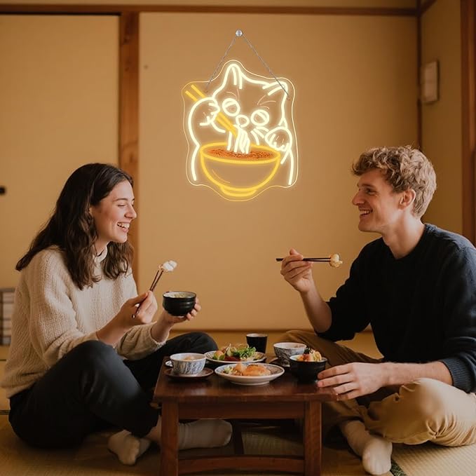 Ramen Cat Neon Sign Wall Decor, Cat Noodles Led Food Sign Dimmable Noodle Anime Fortune Cat Light Up Suitable For Baby Girls Room Japanese Resturant Home Bar Kitchen Dinning Bedroom Art Decor Gifts