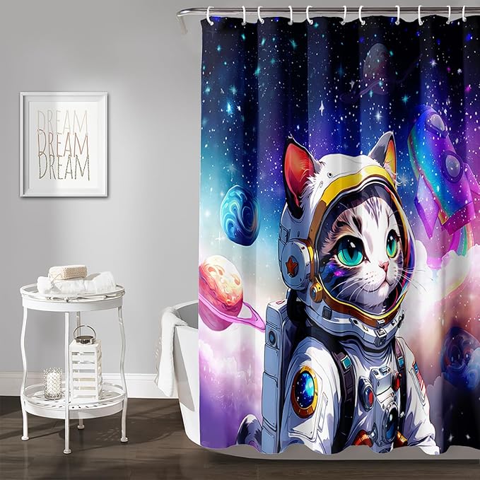 AILONEN Cartoon Astronaut Cat Shower Curtain Set for Kids Boys, Rainbow Rocket Waterproof Fabric Shower Curtain Curtain for Bathroom,Joyful Cat Galaxy Planet Shower Curtain Liner,36" W*72" H