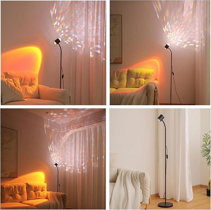 Sunset projection floor lamp with 3D waves, dual head sunset lamp with creative DIY mode, multiple colors and interchangeable background mode, 360 ° rotating atmosphere, sunset mood floor light