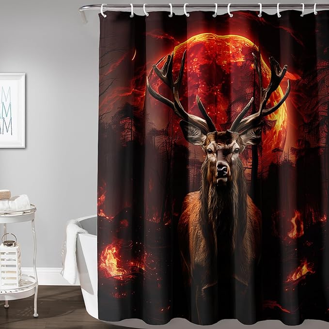 AILONEN Deer Hunting Shower Curtain for Boys,Moon Flame Fire Elk Bath Curtain for Bathroom,Print Polyester Waterproof with 12 Plastic Hooks 72" W*84" H
