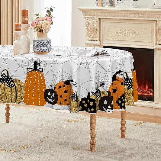 Horaldaily Halloween Tablecloth 60×84 Inch Oval, Jack-O-Lantern Pumpkin Cobweb Scary Themed Washable Table Cover for Party Picnic Dinner Decor