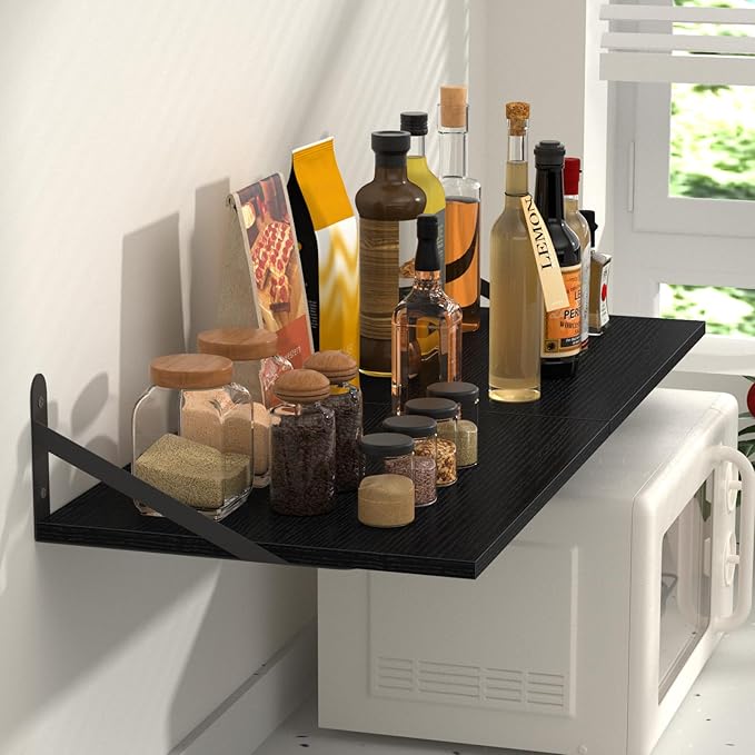 Black Deep Floating Shelves for Wall, 16" W x 12" D Wood Wall Shelf Set of 2, Bookshelf Wall Mounted Hanging Shelves for Living Room, Kitchen, Office, Bathroom and Bedroom Decor