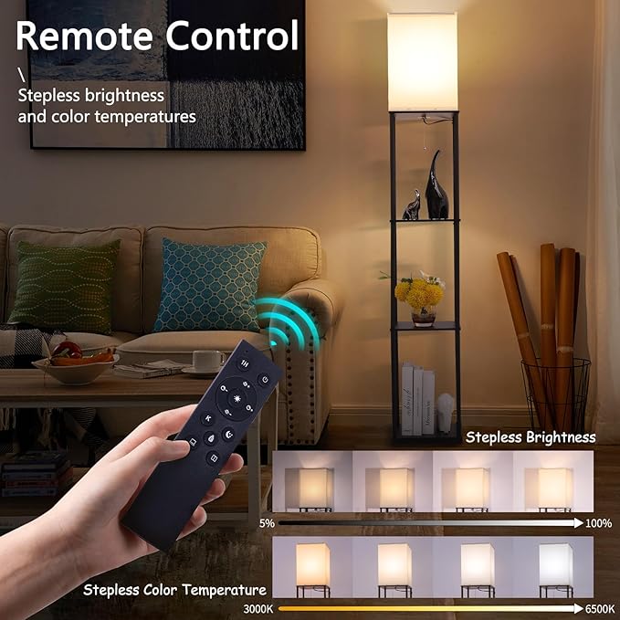 Floor Lamp with Shelves, Modern Square Standing Lamp with 3-Color Remote Control Dimming Bulb, Corner Display Bookshelf Lamp for Living Room, Bedroom and Office (black-9YK)