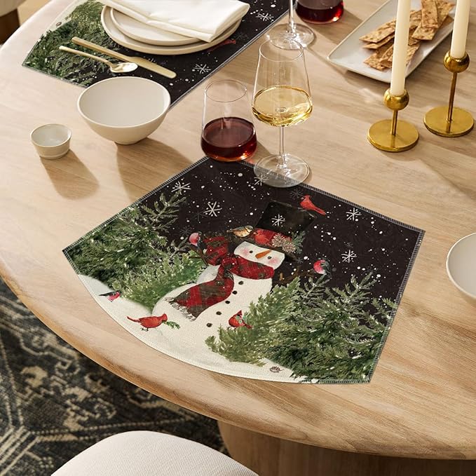 Artoid Mode Black Christmas Snowman Wedge Placemats for Round Table Set of 4, Winter Seasonal Kitchen Dining Table Decoration for Indoor Party Home