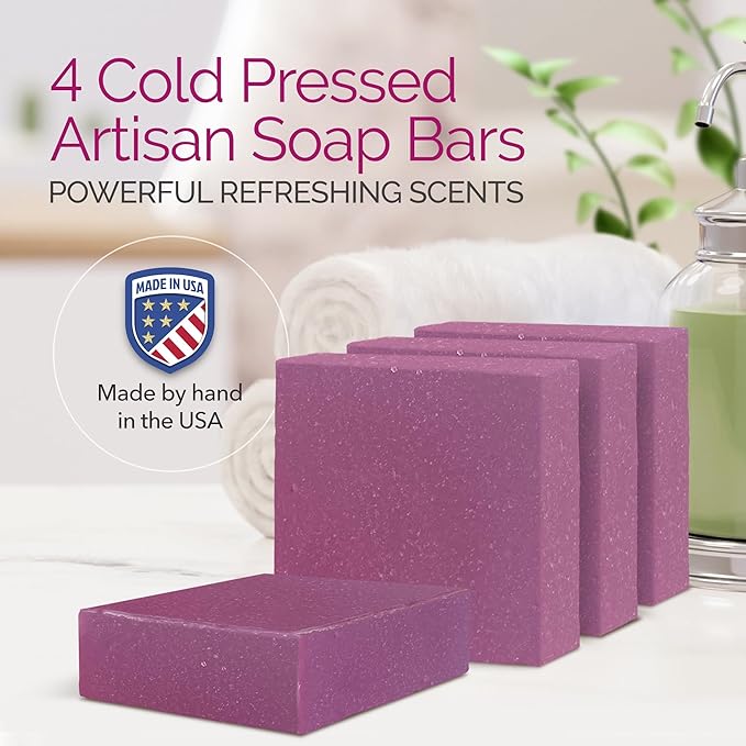 Handmade Natural Bar Soap Gift Set - 100% All Organic Vegan Bath Moisturizing Handmade Artisan Scented Cold Process Fragrant Soaps with Essential Oil - 4 Pack (Raspberry Rush)