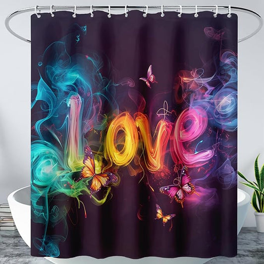 AILONEN Love Theme Shower Curtain for Bathroom,Romantic Smoky Butterfly Bath Curtain,Gradient Love Shabby Chic Print Black Shower Curtain with 12 Plastic Hooks,Waterproof 72" W*72" H