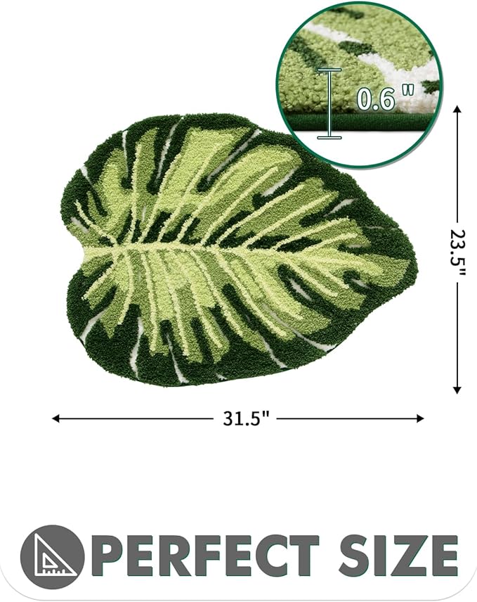 LUMI Cute Bathroom Rugs with Green Leaf Plant, Soft, Fluffy, Plush, Absorbent, Quick Dry, Non Slip, Machine Washable for Shower Floor, Bathroom, Bedroom,Kids Room, 23.5"x31.5", Monstera