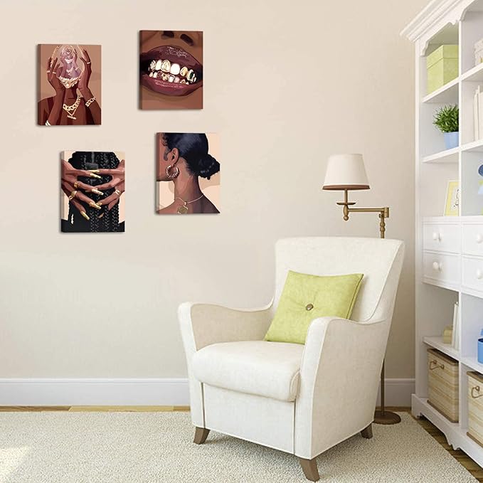 Black Woman Framed Canvas Art Decor,Black Girl Art Poster,Black Female Art Printing,Feminine Boho Art Abstract African American Woman Wall Art Decor for Home Bedroom - Set of 4 (8"X10",Built-in frame