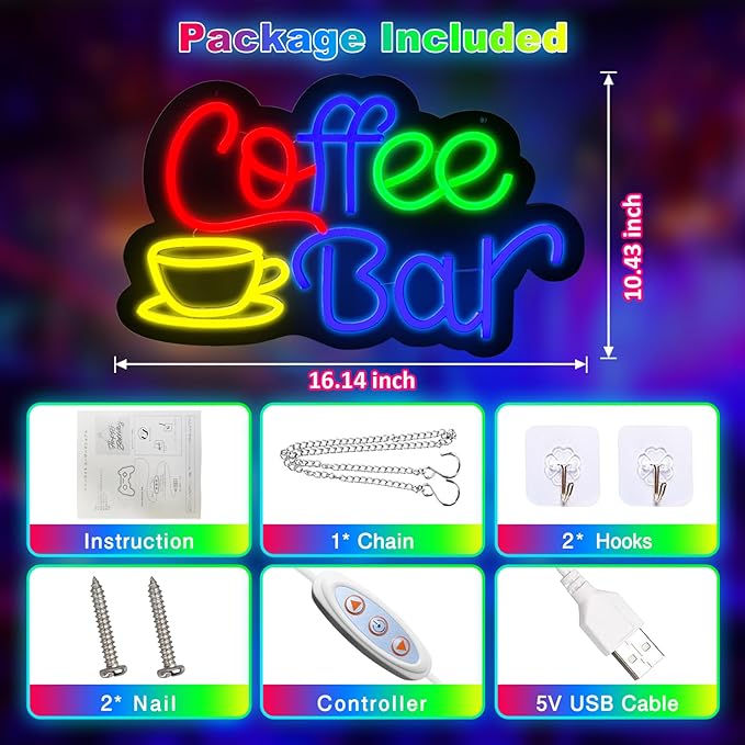 Neon Sign, Coffee Bar Neon Light, 16.14 x 10.43 Inch, Modern Style, Wall Mount, Neon Color, Rubber & Plastic Material, USB Powered