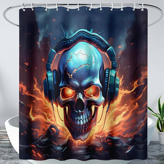 AILONEN Headset Skull Shower Curtain,Hip Hop Skeleton Fire Skull Bath Curtain,Cool Skull Decoration Bathroom Curtain with 12 Plastic Hooks,Waterproof 72" W*96" H