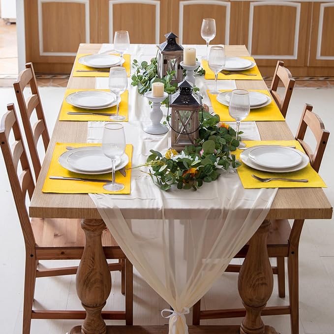 Linen Type Fabric Placemats Set of 8, Machine Washable, Heat Resistant, Wrinkle Free Thick Polyester Kitchen Place Mats for Dining Table (Yellow)