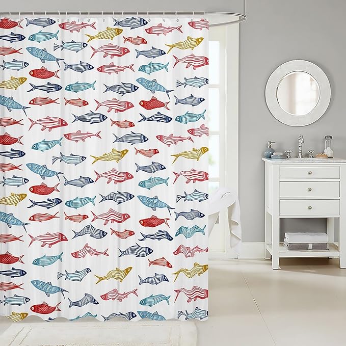 Feelyou Cartoon Fish Shower Curtain 72"x78" Kids Marine Life Sea Bathroom Shower Curtain Set for Boys Girls Teens Ocean Marine Themed Bath Curtain White Red Blue Yellow Bathroom Accessories