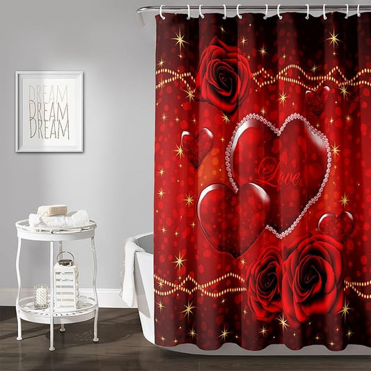 AILONEN Red Hearts Rose Shower Curtain for Bathroom Decor, Romantic Flower Bathroom Curtain 72" W*84" H,Valentine Bath Curtain Polyester Waterproof Shower Curtain with 12 Hooks