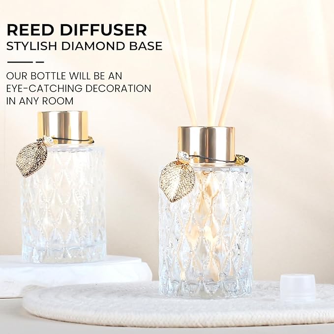 4Pcs Reed Diffuser Set with Metal Golden Decoration, 4.2oz Empty Reed Diffuser Bottles with 20Pcs Reed Diffuser Sticks, Unique Design Bottles for Home and Office(Cylinder)
