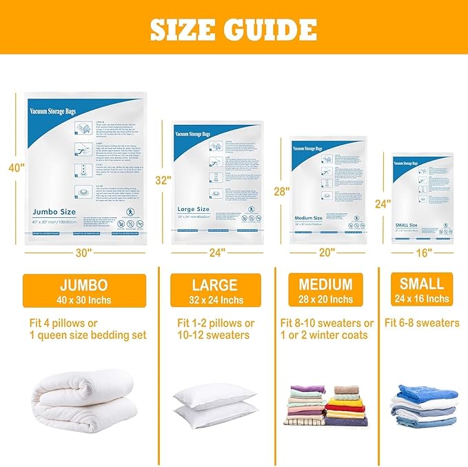 Vacuum Storage Bags 8 Large, Plastic Packaging Bags,Space Saver Sealer Bags, Airtight Compression Bags for Clothes, Pillows, Comforters, Blankets, Bedding