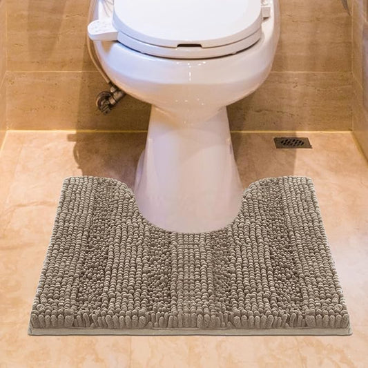 ACCUMTEK Striped Dark Beige Toilet Bathroom Rug Mat 24" x 20" Contour Rug Ultra Soft, Non Slip Chenille Bath Rugs, Absorbent Plush Shaggy Bath Mats for Bathroom, Bedroom, Kitchen, Shower, Tub,Taupe