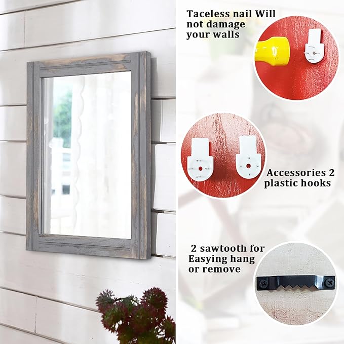 AAZZKANG Wood Framed Mirror Rectangular Rustic Wall Mirrors Decorative Small for Farmhouse Bathroom Living Room Bedroom Grey