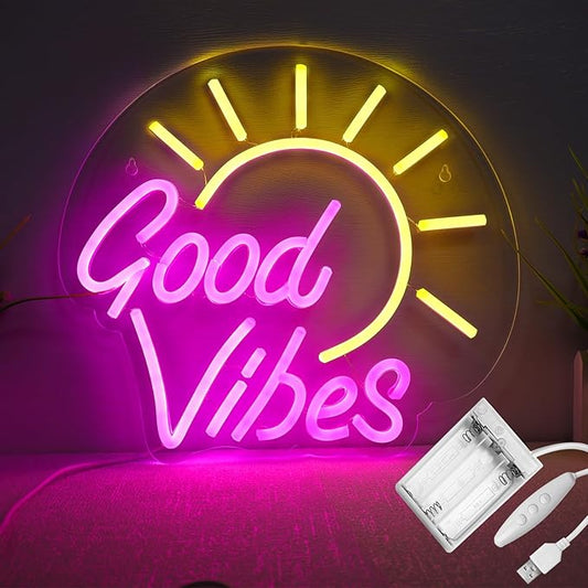 Good Vibes Neon Sign, Battery or Usb Powered Neon Signs for Wall Decor, Adjustable Brightness Good Vibes Signs(12.8 x 11.8 inches)