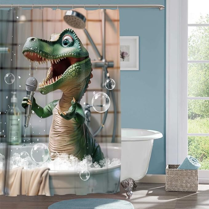 Funny Dinosaur Shower Curtain Cartoon Animal Shower Curtains for Kids Bathroom Decor Waterproof Polyester Fabric Bathroom Curtain with Hooks 55x72 Inch