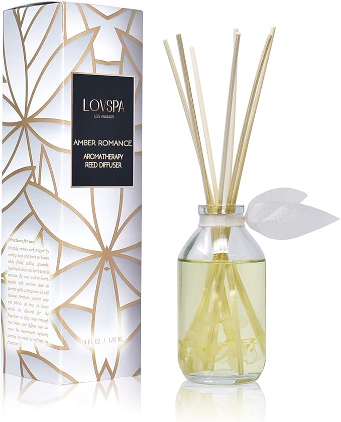 LOVSPA Amber Romance Reed Diffuser Set - Amber, Sandalwood & Floral Scent Diffuser for Home - Non-Toxic Oil Reed Diffuser - Made in The USA