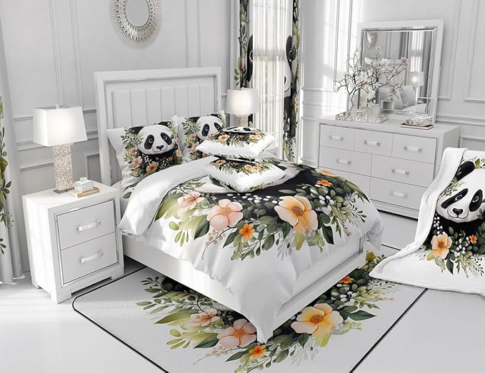 Feelyou Panda Shower Curtain Boys Girls Cute Cartoon Panda Fabric Shower Curtain for Kids Flower Botanical Bathroom Waterproof Accessories with 12 Hooks Animal Curtains,72x72 Inches