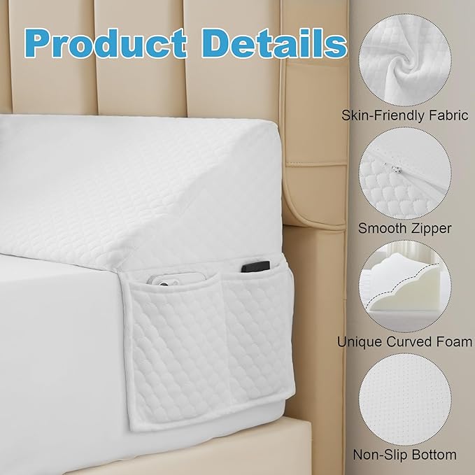 King Bed Wedge Pillow for Headboard, Foam Pillow Wedge for Headboard Gap, Mattress Bed Gap Filler King, Triangle Pillow, Anti-slip Bed Crack Pillow Space Filler (76"×10"×6") Air-Layer White