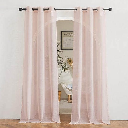 NICETOWN Linen Textured Semi Sheer Bedroom Curtains, Grommet Top Casual 84" Long Thick Semitransparent Flax Sheer Window Treatment Privacy for Nursery, 1 Panel = 36" W, 2 Panels, Dusty Blush