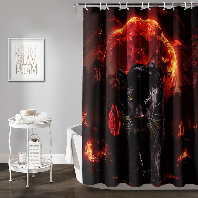 AILONEN Black Panther Shower Curtain,Evening Moon Flame Leopard Bath Curtain for Kids Men,Wildlife Animal Polyester Waterproof with 12 Plastic Hooks 36" W*72" H