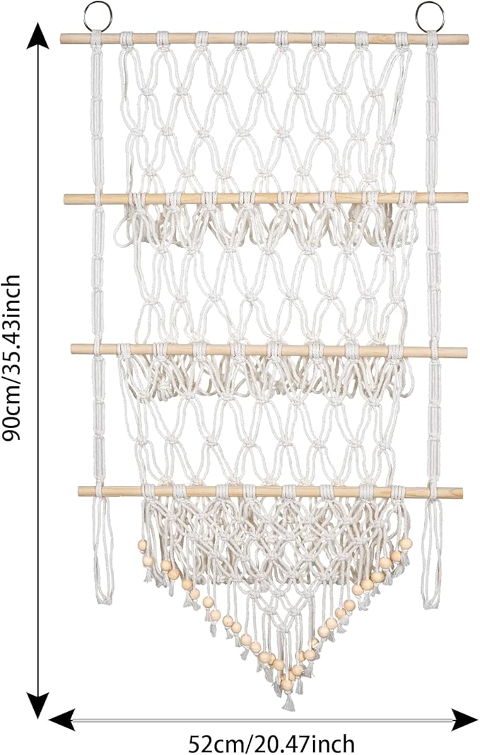 3 Tiers Plush Toy Organizer Hammock with Beads Tassels, Nursery Boho Stuffed Animals, Over the Door Organizer, Net Bag Storage Rack Bookshelf Hammocks Home Decor, 3 Layers